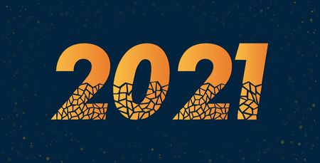 Happy new 2021 year. Holiday vector illustration of golden numbers and text. Festive poster or banner on isolated blue backgroundのイラスト素材