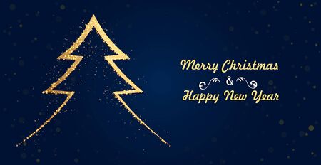 Happy New Year and Merry Christmas banner, poster, card, flyer. Vector illustration with golden shiny xmas tree and text on isolated backgroundのイラスト素材