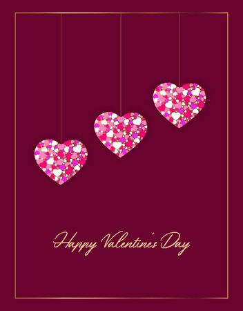 Happy Valentine's Day greeting card, invitation card, banner, poster, postcard with hanging pink, white hearts and text on violet isolated backgroundのイラスト素材