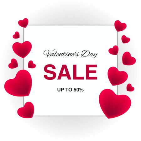 Happy Valentines Day sale banner, poster with discount offer, text and pink hearts on isolated backgroundのイラスト素材