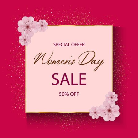 International Womens Day on March 8 sale banner, poster with pink flowers, gold text and frame on isolated crimson backgroundのイラスト素材