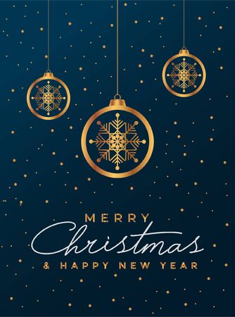 Merry Christmas and Happy New Year greeting or invitation card with golden snowflakes, xmas balls, and text. Vertical poster, banner, headers flyer on blue isolated backgroundのイラスト素材