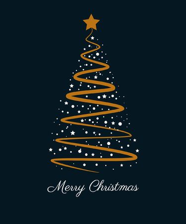 Merry Christmas greeting card or invitation. Vertical vector illustration with gold Xmas tree and white text on a dark blue isolated backgroundのイラスト素材