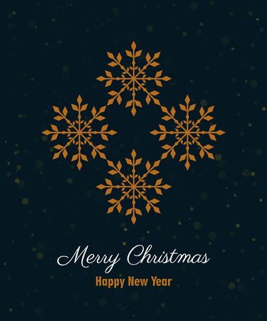 Merry Christmas Happy New Year greeting card with golden snowflakes and text on dark blue isolated backgroundのイラスト素材