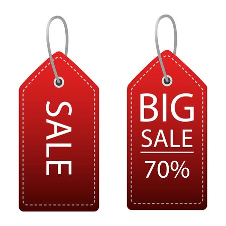 Red price tag label set with 70% sale text on it. Vector illustration on isolated background.のイラスト素材