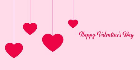 Valentines Day flat greeting card, banner, poster, flyer with hanging pink hearts. Vector illustration on a light isolated backgroundのイラスト素材