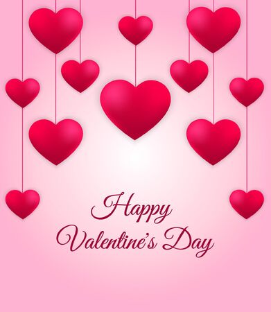 Valentines Day greeting card, banner, poster, flyer with hanging pink realistic hearts. Vector illustration on a light isolated backgroundのイラスト素材