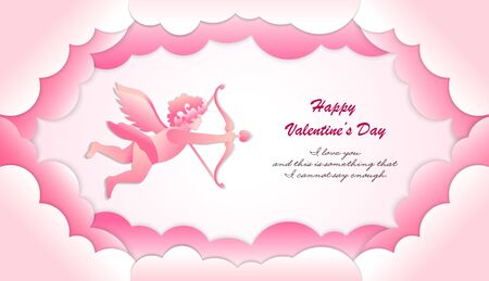 Valentines day greeting card. Love angel Cupid with bow, arrow and heart on the cloudsのイラスト素材