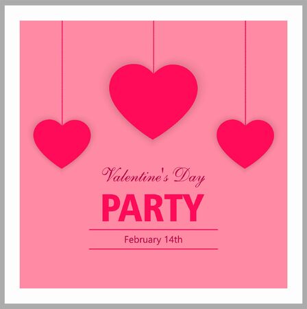 Valentines Day party invitation card. Can be used as a banner, poster, postcard, flyer. Vector illustration with pink hearts and text on isolated backgroundのイラスト素材