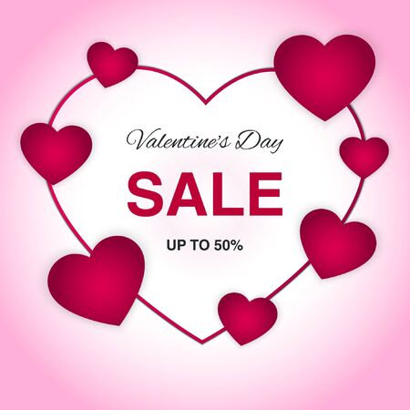 Valentines Day sale banner, poster with discount offer, text and pink hearts on isolated backgroundのイラスト素材