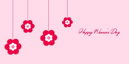 International Womens Day flat greeting card, banner, poster, flyer with hanging pink flowers. Vector illustration on a light isolated backgroundのイラスト素材