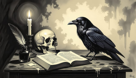 A haunting still life composition featuring a skull, raven, candle, and open book. This artwork evokes mystery and gothic themes perfect for creative projects.の素材