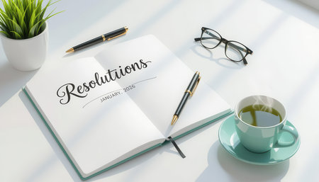 A serene workspace featuring an open notebook with New Year resolutions, a cup of tea, and stylish accessories, perfect for inspiration and productivity.の素材