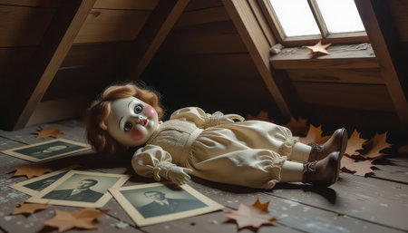 An eerie vintage doll lies in a sunlit attic, surrounded by autumn leaves and old photographs. This nostalgic scene captures memories of childhood and forgotten stories.の素材