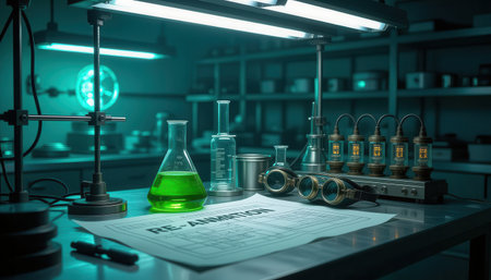 A laboratory scene featuring a beaker with green liquid, scientific apparatus, and well-organized workspace. Ideal for showcasing research and innovation themes.の素材