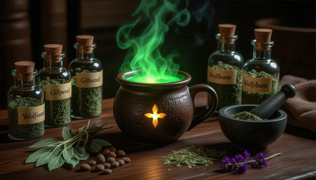 A magical scene featuring a cauldron brews a green potion surrounded by labeled glass bottles of herbs. The atmosphere invites enchantment with a wooden table setting.の素材