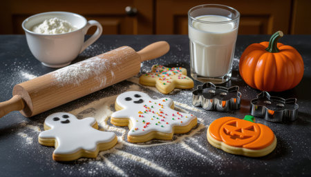 A vibrant Halloween baking scene featuring ghost-shaped cookies, milk, and pumpkin decorations. Perfect for festive gatherings or creative baking sessions.の素材