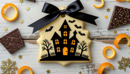 A delightful Halloween cookie shaped like a haunted house, decorated with bats and complemented by chocolate treats and festive elements, ideal for seasonal celebrations.の素材
