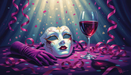 An artistic portrayal of a glamorous mask and wine glass, set against a vibrant, festive background filled with colorful decorations and confetti, perfect for celebrations.の素材