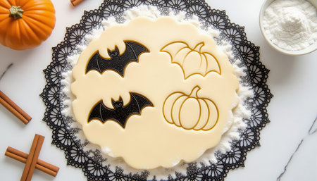 A delightful scene featuring Halloween-themed cookie decorations with pumpkin and bat shapes, perfect for inspiring festive baking and creativity during the season.の素材
