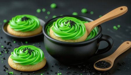 A delightful arrangement of green frosted cookies served in a black bowl with a wooden spoon. The vibrant colors make it perfect for festive occasions.の素材