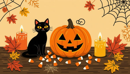 This vibrant Halloween scene features a black cat next to a carved pumpkin, surrounded by candy corn and autumn leaves. Perfect for seasonal decor!の素材
