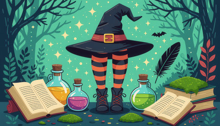A whimsical illustration of a colorful witch with striped legs and potions surrounded by books in a magical forest. An enchanting scene for Halloween themes.の素材