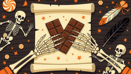 A whimsical Halloween illustration featuring skeletons sharing chocolate. Surrounded by candy and autumn elements, this playful design captures the spooky spirit of the season.の素材