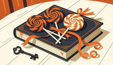 A cheerful arrangement featuring colorful lollipops placed on a magical book with a vintage key. This whimsical scene evokes feelings of joy and creativity.の素材