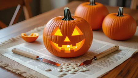 A vibrant Halloween pumpkin sits on a rustic table, carved with a playful face and glowing inside. Surrounding objects create a cozy autumn atmosphere with seeds and utensils.の素材