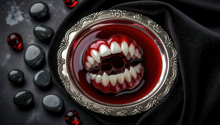 A captivating artistic arrangement featuring fangs submerged in blood, elegantly presented on a silver plate, surrounded by dark elements, creating a haunting atmosphere.の素材