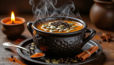 A warm bowl of spiced pumpkin soup topped with seeds and steam rising, creating a cozy autumn vibe. Perfect for food photography enthusiasts.の素材