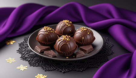 A stunning display of round chocolate treats adorned with golden sprinkles, resting on a decorative plate with dark chocolate pieces, set against a rich purple fabric backdrop.の素材