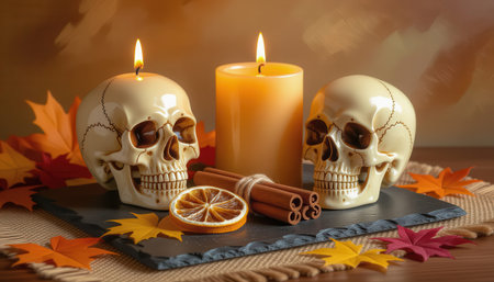 A creative Halloween decoration featuring two skulls, an orange candle, cinnamon sticks, and autumn leaves, creating a cozy and festive atmosphere.の素材