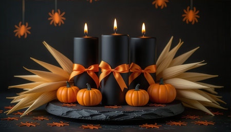 A stunning arrangement featuring black candles adorned with orange ribbons, surrounded by mini pumpkins and decorative elements, perfect for Halloween decor.の素材