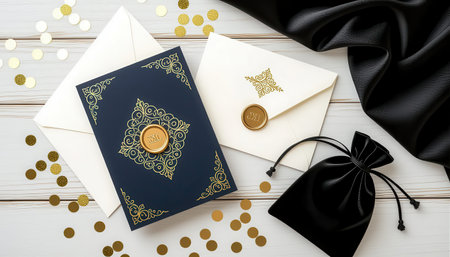 Discover an elegant flatlay of an invitation card, envelopes, and decorative elements showcasing luxury and style. Perfect for any special occasion!の素材