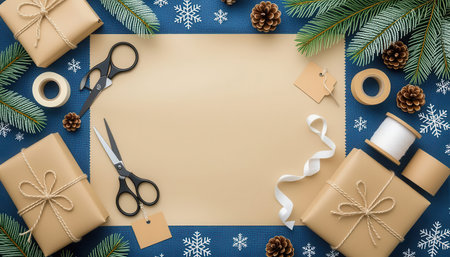 This flat lay arrangement features wrapped gifts, scissors, and decorative elements on a textured background, perfect for DIY holiday projects or gift preparation.の素材