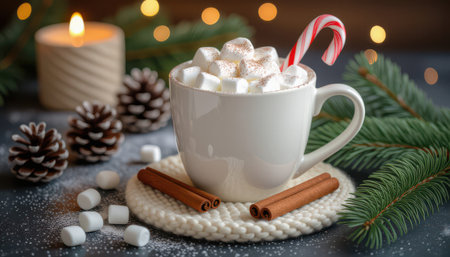 A cozy scene featuring a cup of hot cocoa topped with marshmallows and a cinnamon stick, set beside festive pine cones and a glowing candle, evoking warmth and holiday cheer.の素材