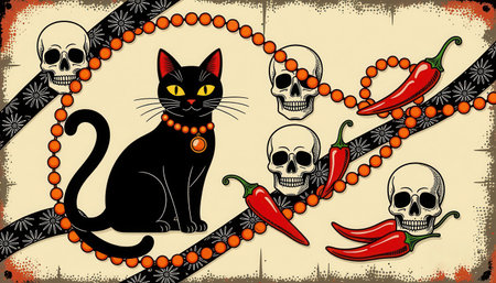 A playful illustration featuring a black cat adorned with a necklace, surrounded by skulls and chili peppers, perfect for Halloween or festive decorations.の素材