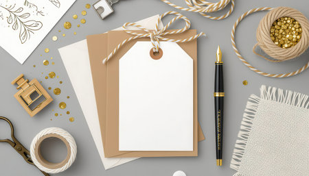 Explore a charming arrangement of stationery items including tags, ribbon, and glitter. Perfect for creative projects, branding, or gift preparations.の素材