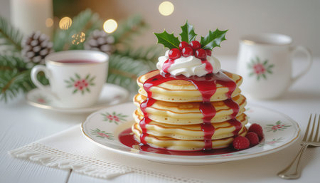 Indulge in a stack of fluffy pancakes topped with vibrant berry sauce, whipped cream, and festive holly. Perfect for holiday breakfasts and gatherings.の素材