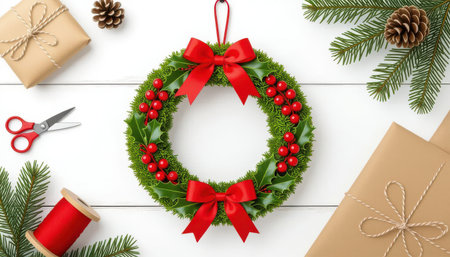 A beautiful holiday wreath adorned with red bows and berries, surrounded by wrapped gifts and festive decorations, perfect for Christmas celebrations.の素材