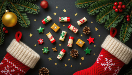 Vibrant Christmas scene featuring decorative stockings, colorful ornaments, and festive stars on a dark background, perfect for holiday spirit and celebrations.の素材