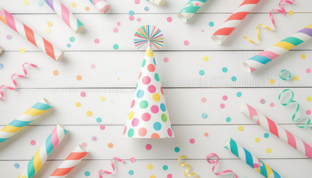 This vibrant party scene features a colorful polka dot hat at the center, surrounded by festive streamers and confetti, perfect for celebrations.の素材