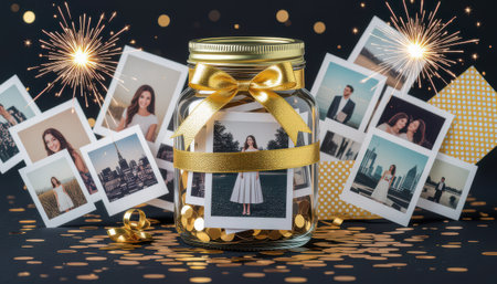 A vibrant display featuring a jar filled with polaroid photos decorated with a golden bow. Surrounding sparkles and confetti create a festive atmosphere perfect for celebrations.の素材