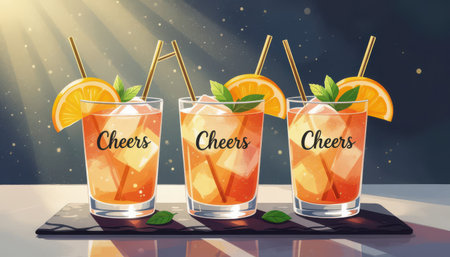 A trio of refreshing cocktails with citrus slices and mint leaves, perfect for summer celebrations. Ideal for festive gatherings and joyous toasts.の素材