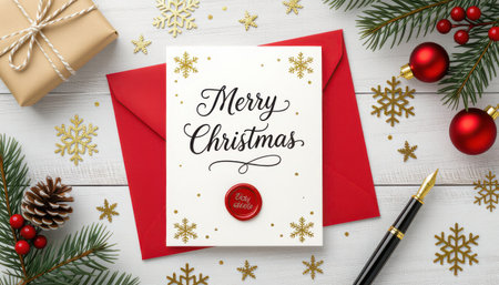 Beautiful Christmas greeting card with elegant handwriting, nestled in a red envelope. Surrounded by festive decorations, this image captures the holiday spirit.の素材