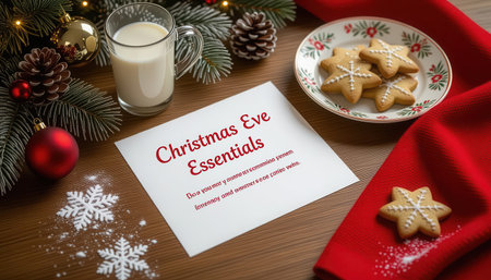 A cozy Christmas Eve table setting featuring milk and star-shaped cookies, perfect for creating a warm and inviting holiday atmosphere.の素材