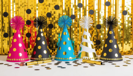 A vibrant collection of party hats featuring gold polka dots against a shimmering backdrop. Perfect for festive celebrations and joyful gatherings.の素材