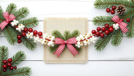 Vibrant holiday decoration featuring red berries and green pine arranged elegantly on a wooden surface, perfect for seasonal celebrations and winter aesthetics.の素材